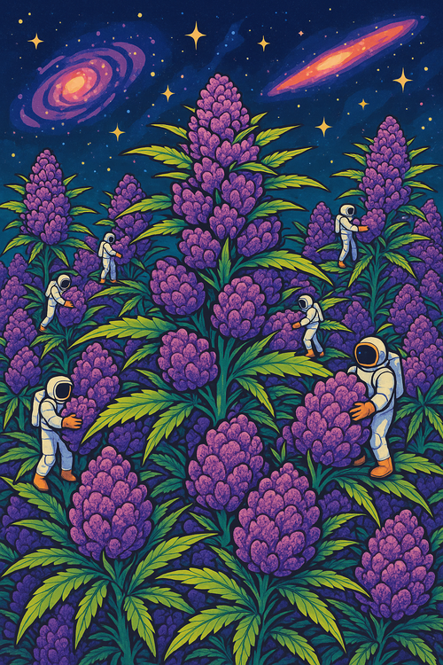 Astronauts harvesting giant purple cannabis plants in space. Santa Fe, New Mexico