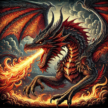 Load image into Gallery viewer, Dark fire breathing dragon rug design. Santa Fe, New Mexico 