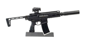 Rattler measures in at 11" / 28cm in length and 4.5" / 12cm in height.  It weighs in at 11 ounces and 13 ounces on display stand.  
Full Flat Black sig mcx gun model 