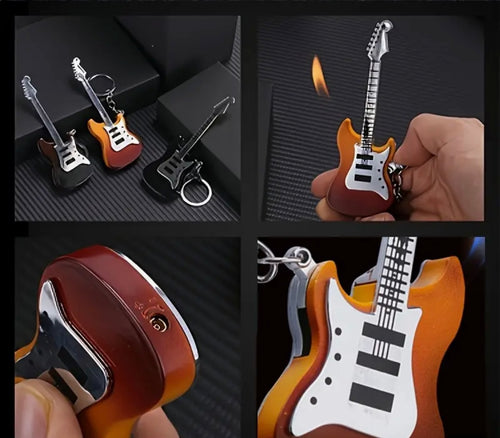 Guitar-shaped Push-type Gas Lighter, Open Flame Keychain Lighter, Indoor And Outdoor